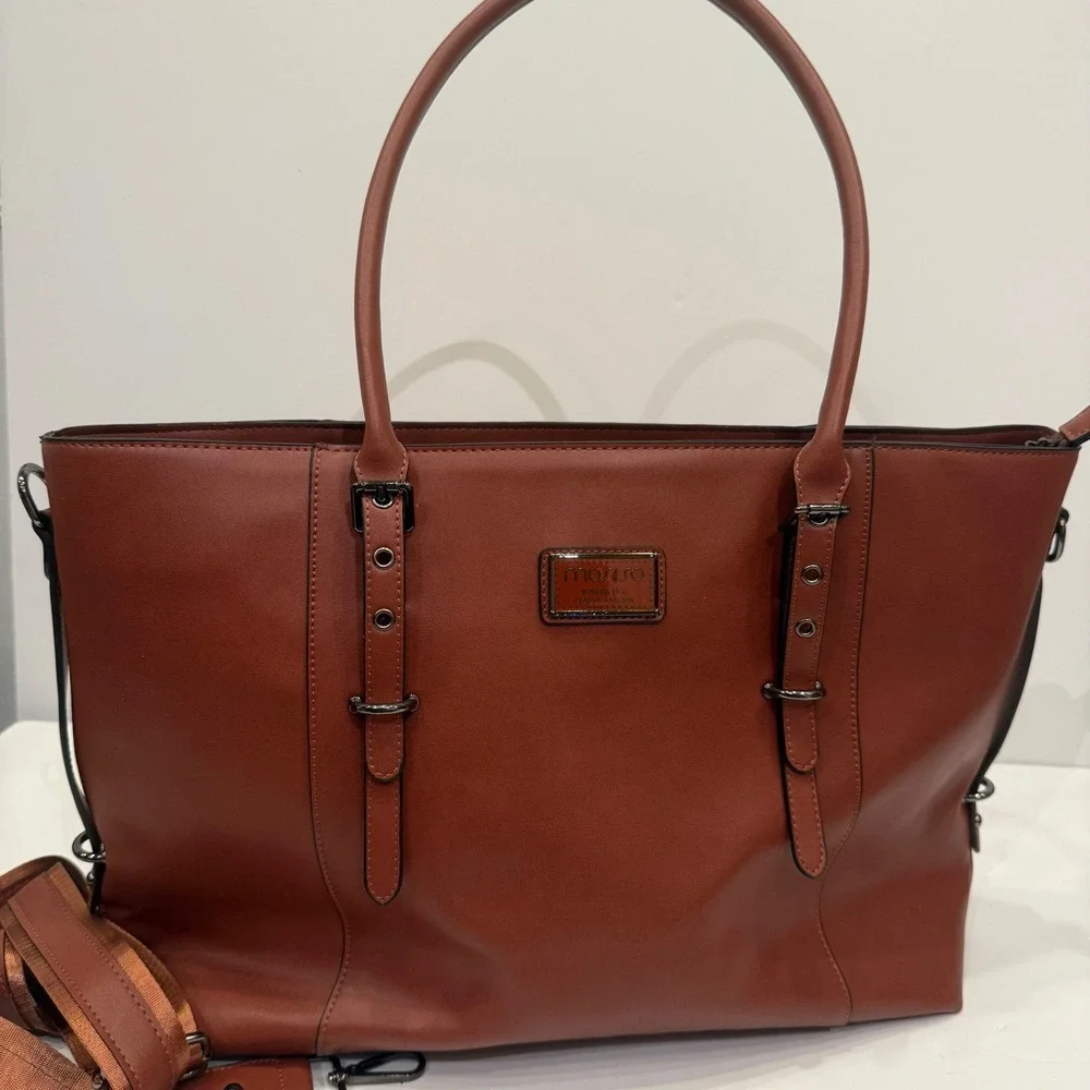Mosiso Brown Vegan Leather Laptop Tote Bag Work Travel Briefcase Crossbody Strap - Picture 7 of 7